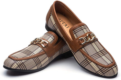 Men's Slip-on Brown Plaid Leather Loafer Dress Shoes