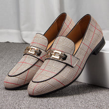 Load image into Gallery viewer, Men&#39;s Slip-on Beige Plaid Leather Loafer Dress Shoes