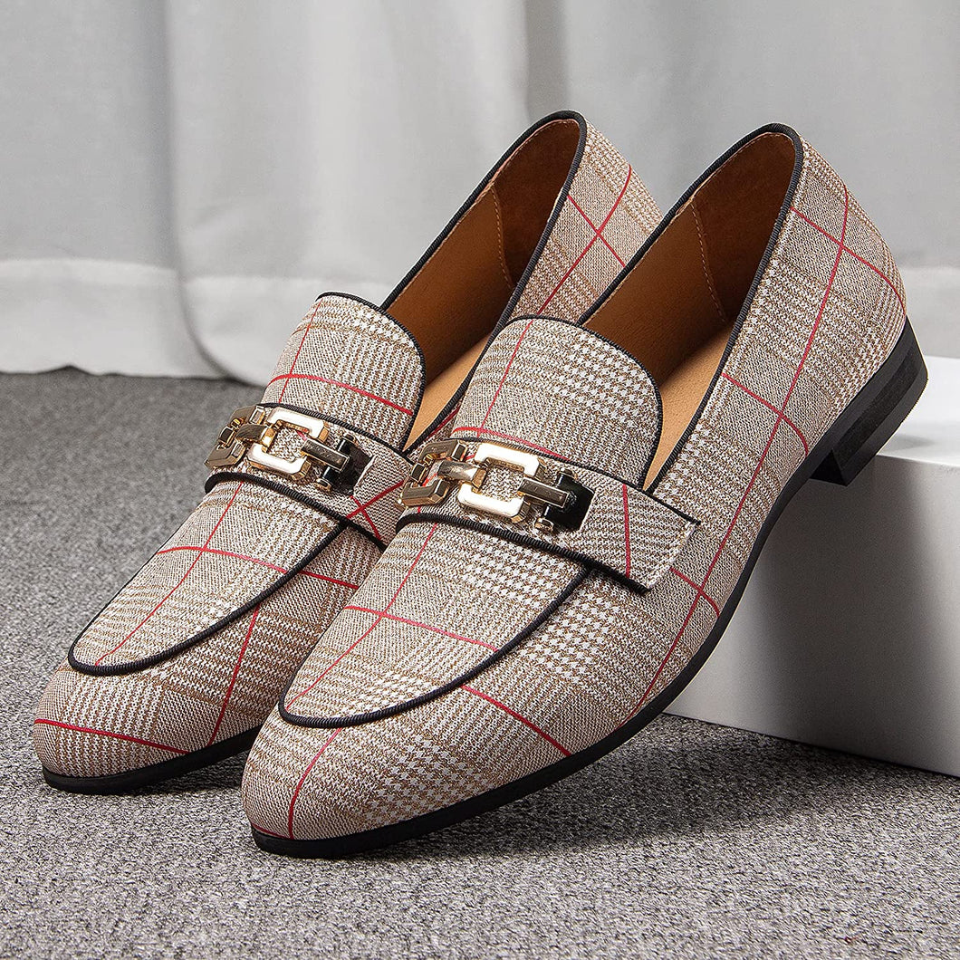 Men's Slip-on Beige Plaid Leather Loafer Dress Shoes