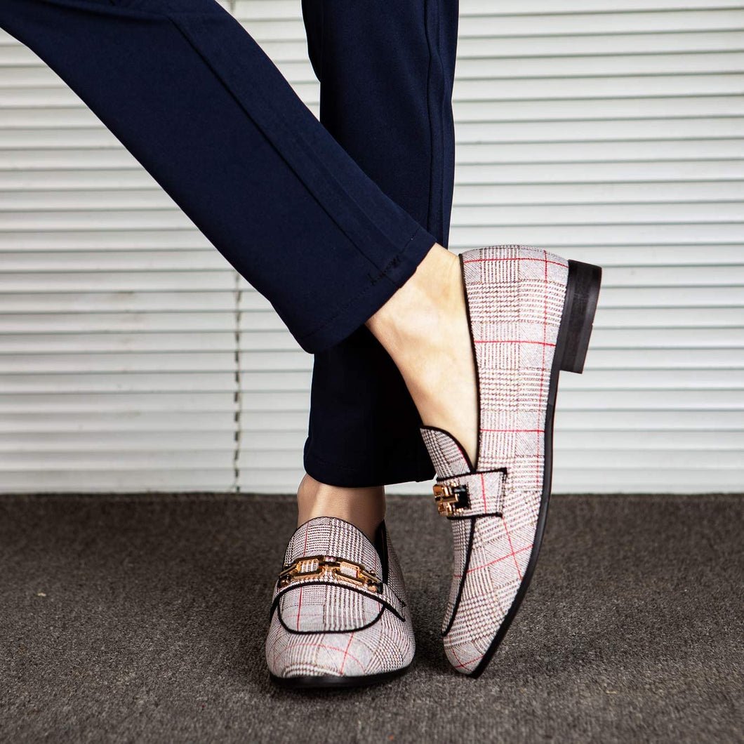 Casual Slip-on White Plaid Leather Loafer Dress Shoes