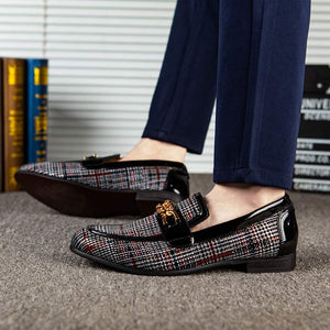 Men's Slip-on Black Plaid Leather Loafer Dress Shoes