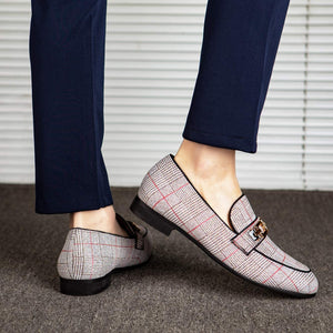 Casual Slip-on White Plaid Leather Loafer Dress Shoes