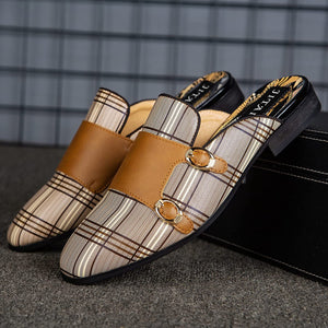 Mules Plaid Brown Slip-On Men's Backless Loafers Shoes