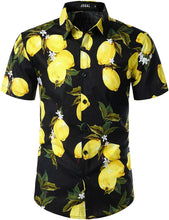 Load image into Gallery viewer, Printed Black-Yellow Button Down Short Sleeve Hawaiian Shirt