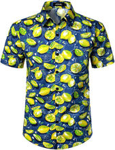 Load image into Gallery viewer, Printed Blue Button Down Short Sleeve Hawaiian Shirt
