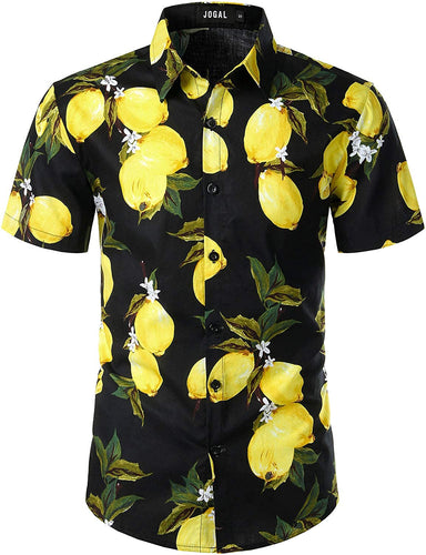 Printed Black-Yellow Button Down Short Sleeve Hawaiian Shirt