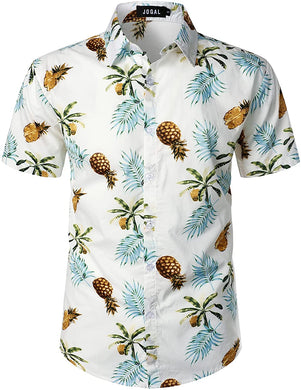 Printed White-Blue Button Down Short Sleeve Hawaiian Shirt