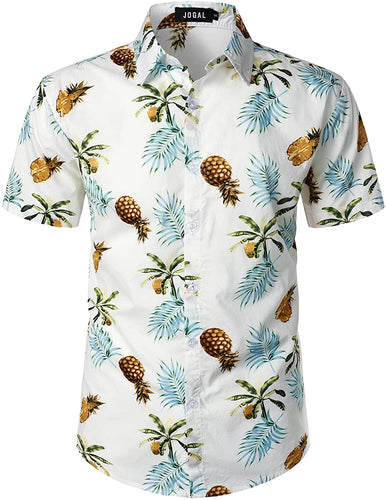 Printed White-Blue Button Down Short Sleeve Hawaiian Shirt