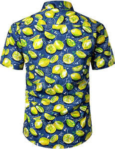 Printed Blue Button Down Short Sleeve Hawaiian Shirt