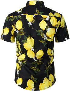 Printed Black-Yellow Button Down Short Sleeve Hawaiian Shirt