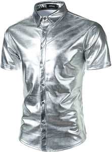 Men's Metallic Gold Short Sleeve Button Up Shirt