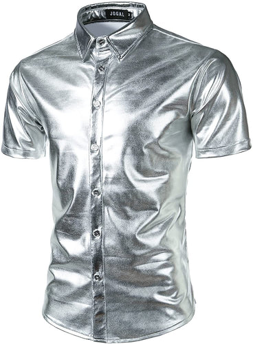 Men's Metallic Silver Short Sleeve Button Up Shirt