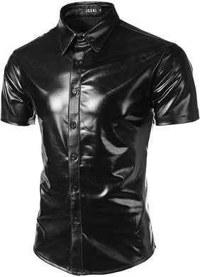 Men's Metallic Black Short Sleeve Button Up Shirt
