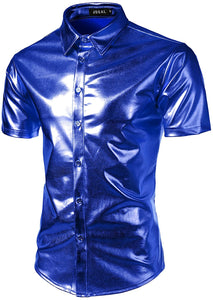 Men's Metallic Black Short Sleeve Button Up Shirt