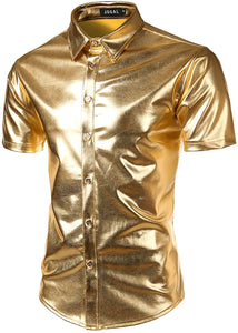 Men's Metallic Silver Short Sleeve Button Up Shirt