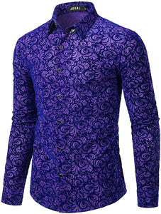 Vintage Deep Purple Floral Velvet Casual Button Down Men's Shirt