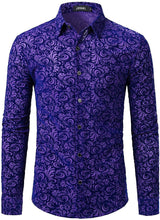 Load image into Gallery viewer, Vintage Deep Purple Floral Velvet Casual Button Down Men&#39;s Shirt