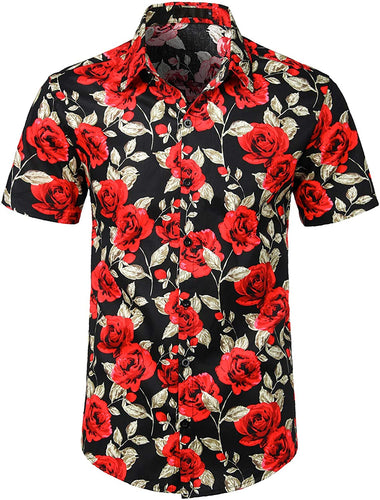 Men's Black Rose Button Down Short Sleeve Shirt