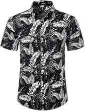 Load image into Gallery viewer, Men&#39;s Black Leaf Print Button Down Short Sleeve Shirt