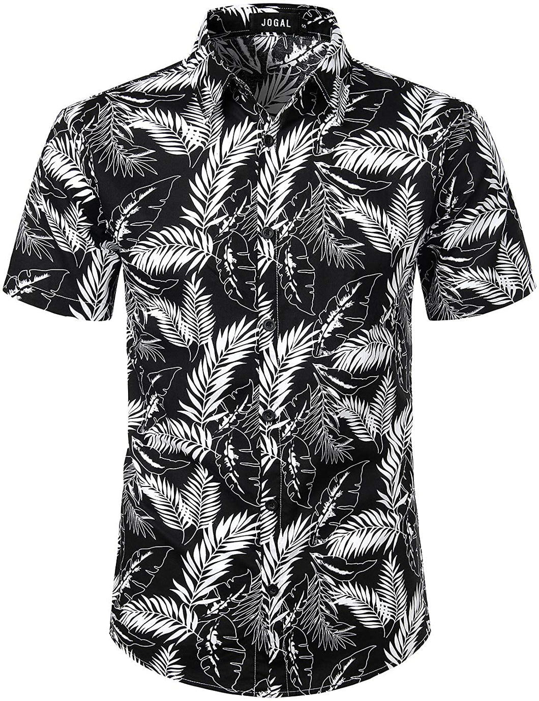 Men's Black Leaf Print Button Down Short Sleeve Shirt