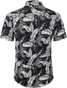 Men's Black Leaf Print Button Down Short Sleeve Shirt