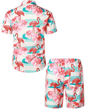 Load image into Gallery viewer, Men&#39;s Hawaiian Prints Lake Blue-Pink Button Down Shirt-Pants Set