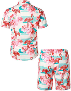 Men's Hawaiian Prints Lake Blue-Pink Button Down Shirt-Pants Set