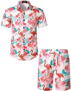 Men's Hawaiian Prints Lake Blue-Pink Button Down Shirt-Pants Set