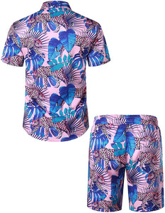 Men's Hawaiian Prints Purple Button Down Shirt-Pants Set