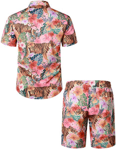 Men's Hawaiian Prints Orange Tiger Button Down Shirt-Pants Set