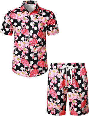 Men's Hawaiian Prints Black-Pink Button Down Shirt-Pants Set