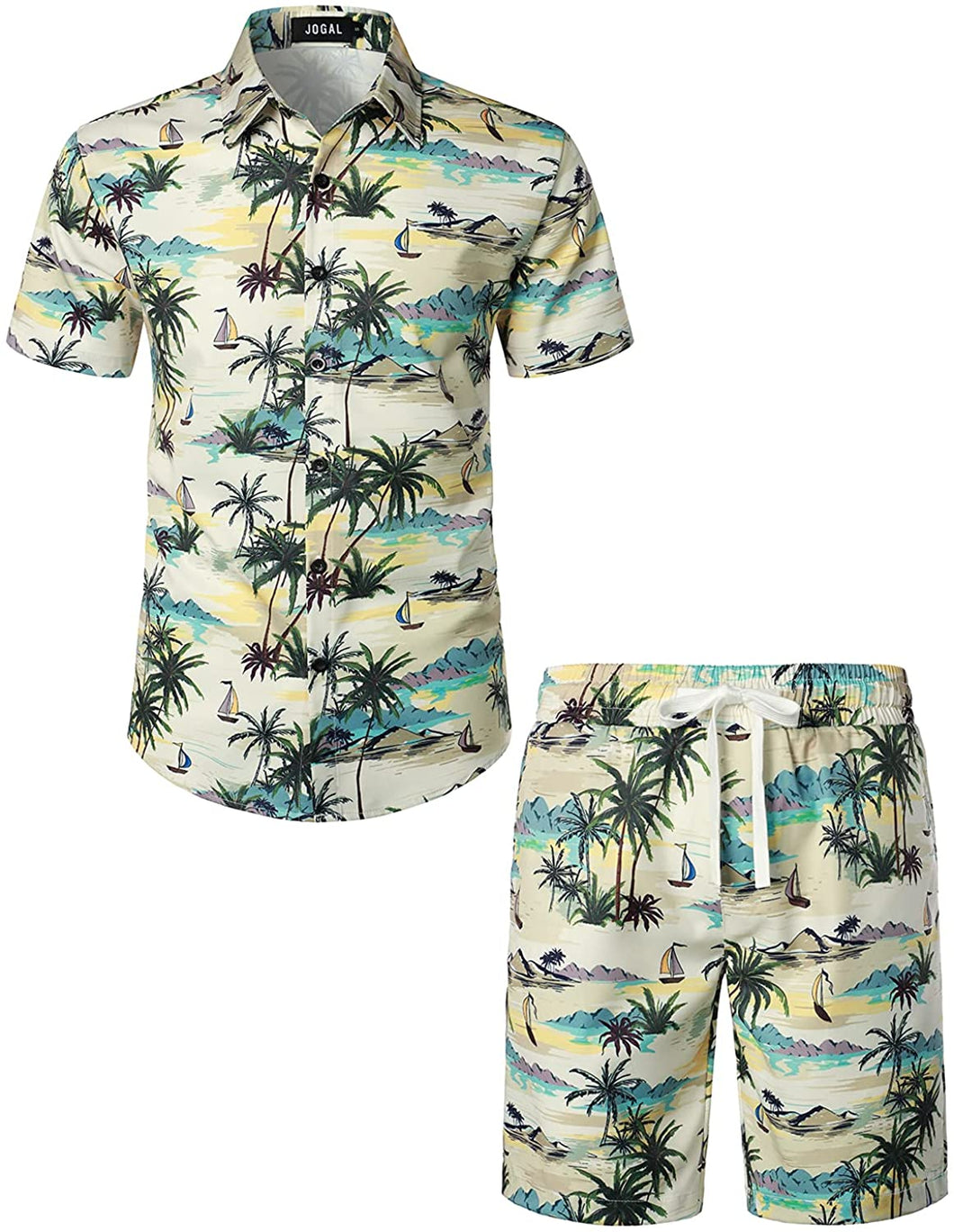 Men's Hawaiian Prints Beige Button Down Shirt-Pants Set