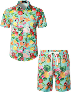 Men's Hawaiian Prints Green Button Down Shirt-Pants Set