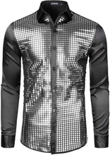 Load image into Gallery viewer, Men&#39;s Disco Black Silver Sequins Long Sleeve Button Down Shirt
