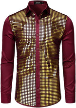 Load image into Gallery viewer, Men&#39;s 70s Disco Wine Red Gold Sequins Long Sleeve Button Down Shirt