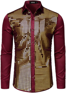 Men's 70s Disco Wine Red Gold Sequins Long Sleeve Button Down Shirt