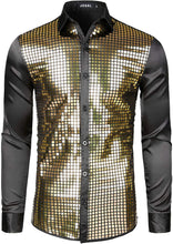 Load image into Gallery viewer, Men&#39;s 70s Disco Black Gold Sequins Long Sleeve Button Down Shirt
