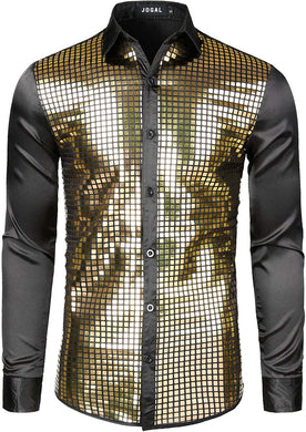 Men's 70s Disco Black Gold Sequins Long Sleeve Button Down Shirt