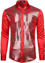 Load image into Gallery viewer, Men&#39;s Disco Red Sequin Long Sleeve Button Down Shirt