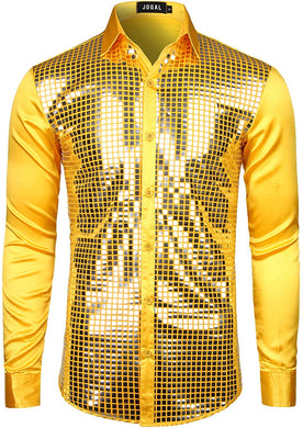 Men's Disco Yellow Gold Sequin Long Sleeve Button Down Shirt