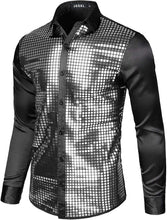 Load image into Gallery viewer, Men&#39;s Disco Black Silver Sequins Long Sleeve Button Down Shirt
