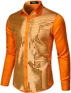 Men's 70s Disco Orange Silver Sequins Long Sleeve Button Down Shirt