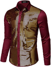 Load image into Gallery viewer, Men&#39;s 70s Disco Wine Red Gold Sequins Long Sleeve Button Down Shirt