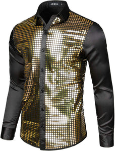 Men's 70s Disco Black Gold Sequins Long Sleeve Button Down Shirt