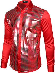 Men's Disco Red Sequin Long Sleeve Button Down Shirt