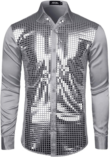 Men's Disco Silver Gray Sequins Long Sleeve Button Down Shirt