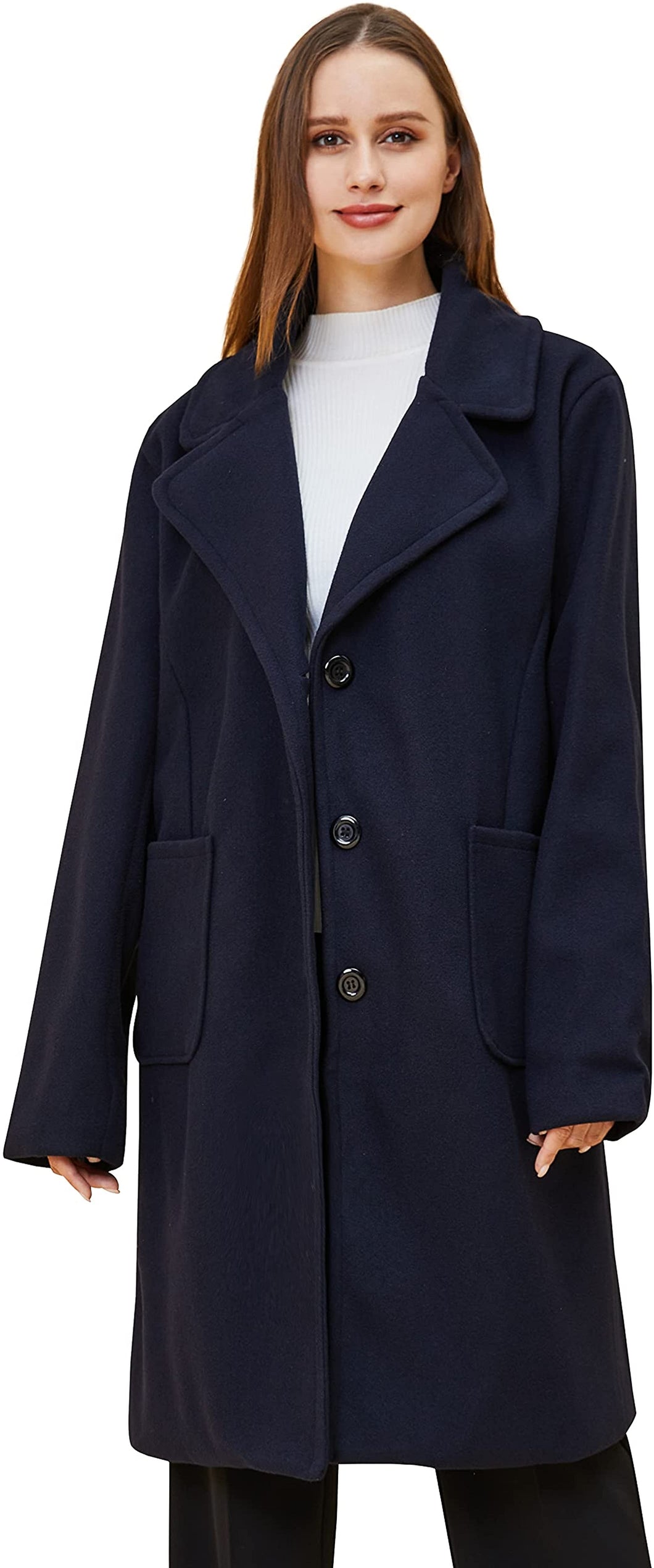 Wool Pea Coat Notched Lapel Navy Warm Winter Long Trench Jacket