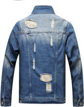 Load image into Gallery viewer, Dark Blue Ripped Long Sleeve Jean Jacket Coat for Men