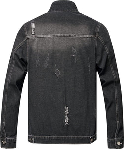 Dark Blue Ripped Long Sleeve Jean Jacket Coat for Men