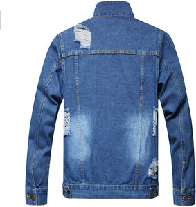 Dark Blue Ripped Long Sleeve Jean Jacket Coat for Men
